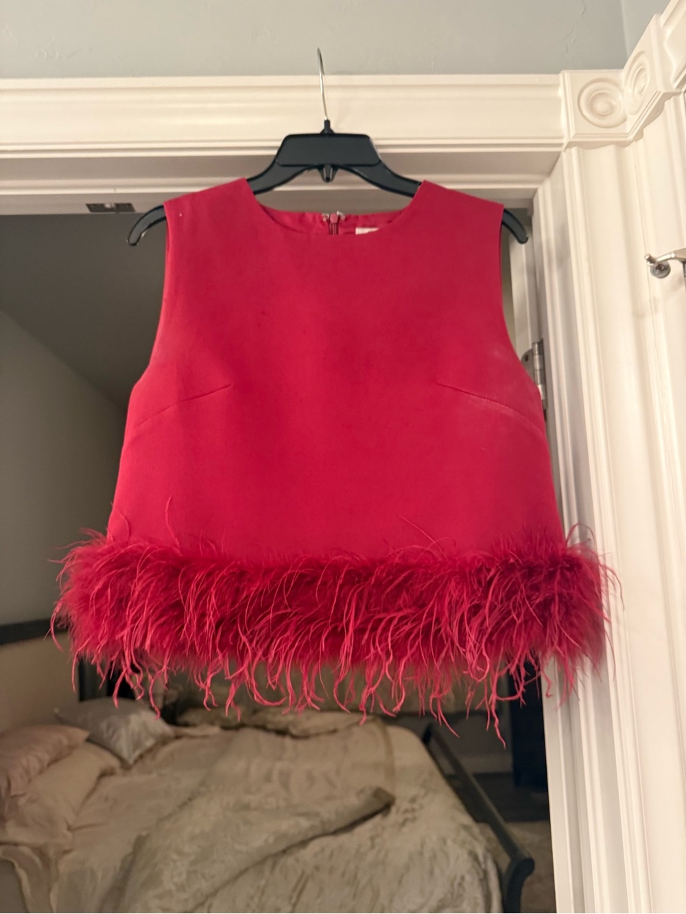 Red Feather Trim Sleeveless Top